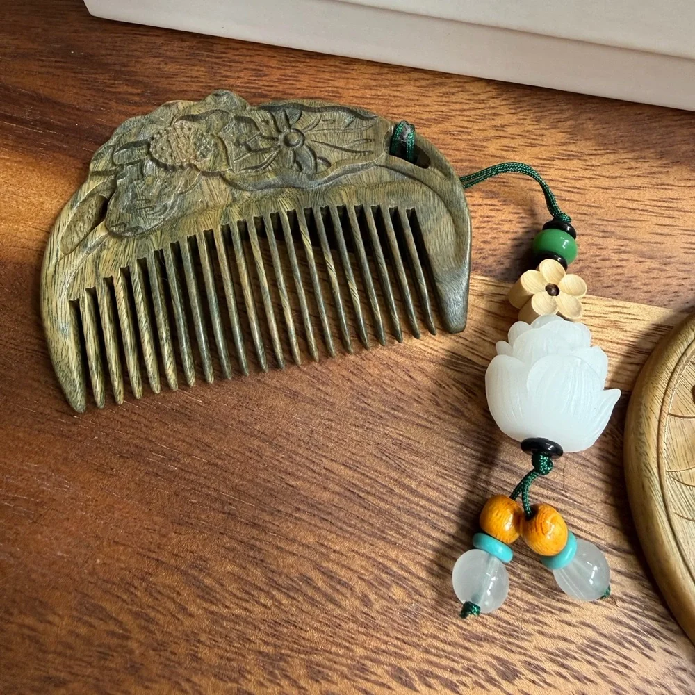 Vintage Style Lotus Vanity Set Mirror Comb Wood Zen Floral Asian Decor